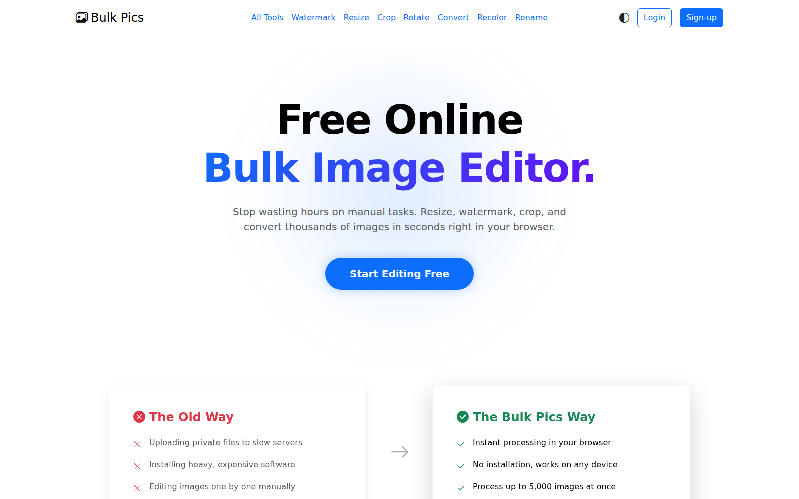 The Bulk Pics homepage: a free online bulk image editor.