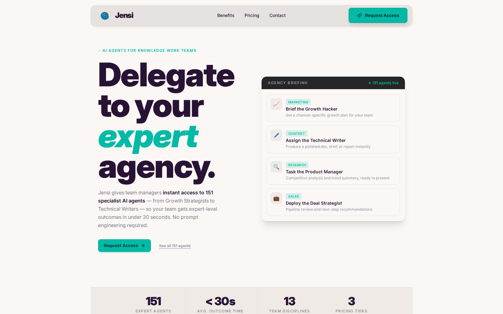 The Jensi homepage: “Delegate to your expert agency.”